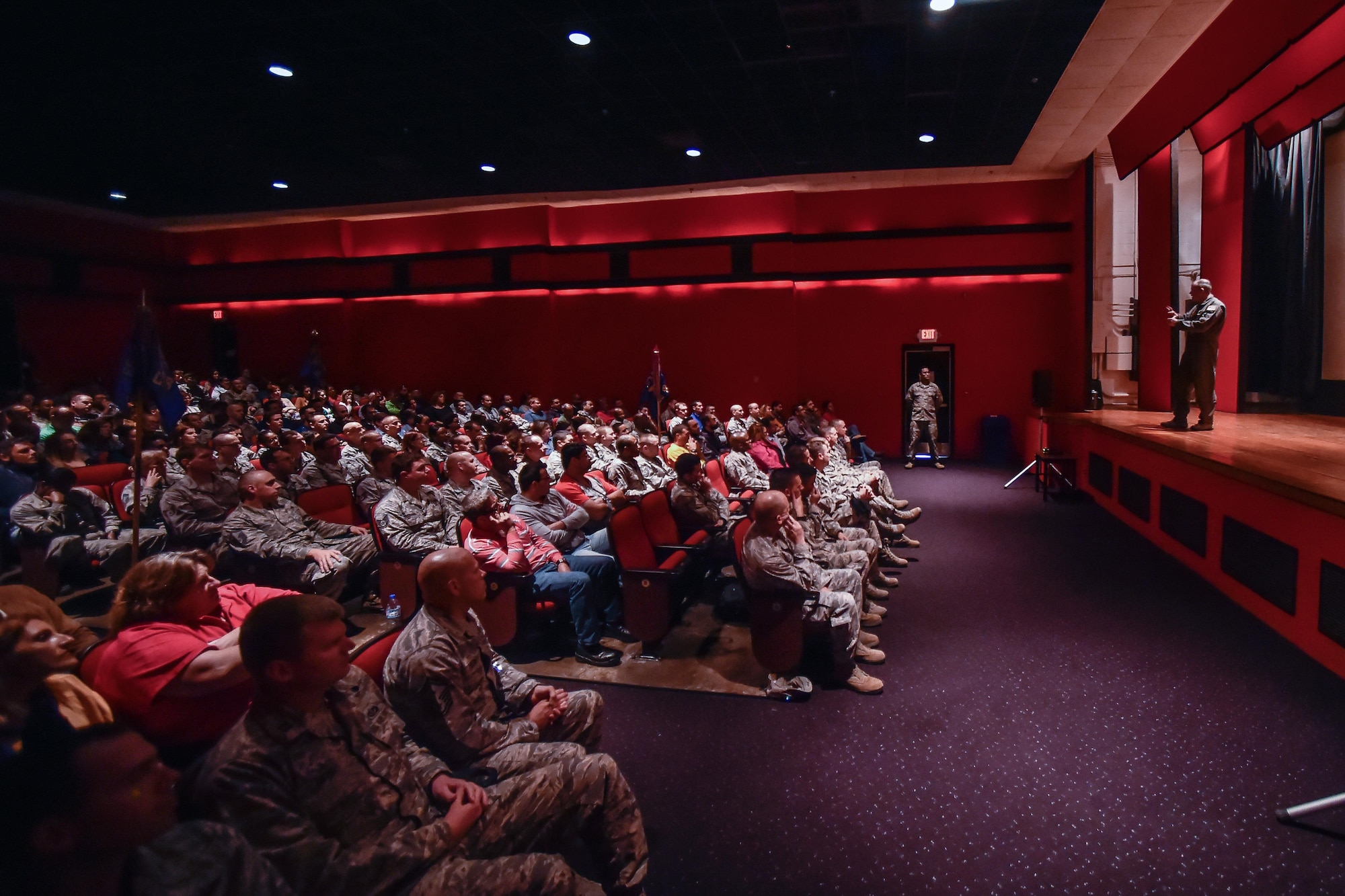 Brig. Gen. Richard G. Moore Jr., 86th Airlift Wing commander from Ramstein Air Base, Germany, speaks to Airmen during an all call at Lajes Field, Azores, Portugal, Oct. 5, 2016. Leaders from the 86th Airlift Wing, at Ramstein Air Base, Germany, visited Airmen at Lajes to thank them for their service and tour the base. (U.S. Air Force photo by Senior Airman Nicole Keim) 