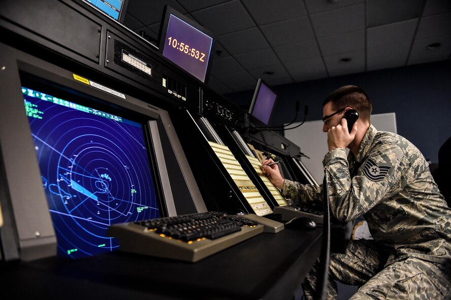 An Airman tracks incoming flights at Lajes Field, Azores, Portugal, Oct. 5, 2016. The 65th Air Base Group enables expeditionary movement of war fighters, warplanes and global communications to combatant commanders; and supports joint coalition and NATO operations to promote partnerships. (U.S. Air Force photo by Senior Airman Nicole Keim)