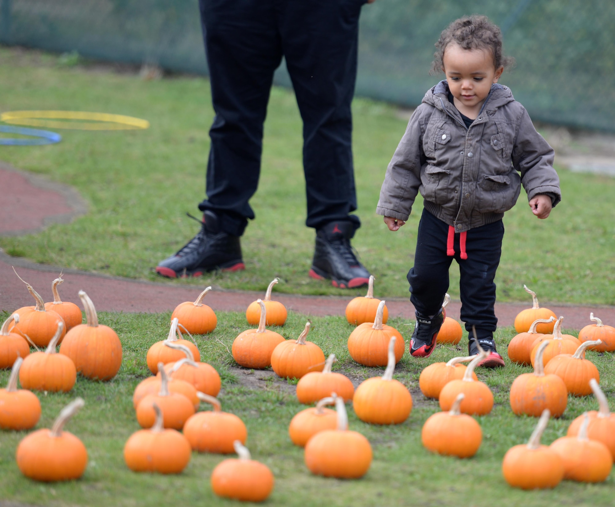 A child walks through a pumpkin patch during a Fall Festival Oct. 28, 2016, at the child development center on RAF Mildenhall, England. Children and parents took part in a parade and played games. (U.S. Air Force photo by Gina Randall)