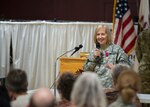 Sgt. Maj. Diane S. Rogers, of Girard, Illinois, with the Joint Force Headquarters thanks her family, friends and colleagues Oct. 28, 2016, for their support through her 41 years of military service to the Illinois Army National Guard, which culminated as the Illinois National Guard Sexual Assault Response Coordinator.