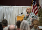 Sgt. Maj. Diane S. Rogers, of Girard, Illinois, with the Joint Force Headquarters thanks her family, friends and colleagues Oct. 28, 2016, for their support through her 41 years of military service to the Illinois Army National Guard, which culminated as the Illinois National Guard Sexual Assault Response Coordinator.