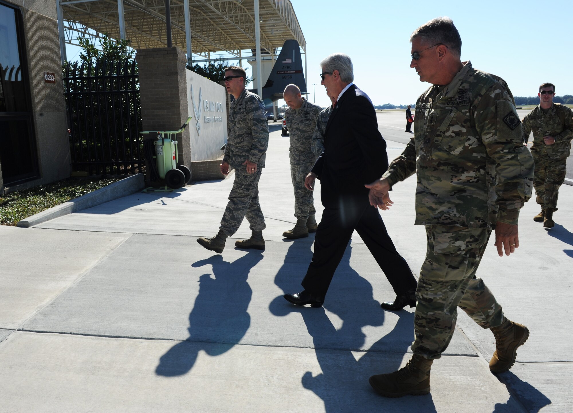 Mississippi Governor Phil Bryant walks to base operations, Oct. 25, 2016, on Keesler Air Force Base, Miss. During his visit at Keesler, Bryant received a 333rd Training Squadron cyber briefing and a windshield tour of the new entry gate project. (U.S. Air Force photo by Kemberly Groue/Released)