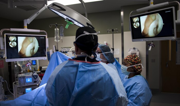 Maj. Ryan Swope, 99th Surgical Operations Squadron orthopedic surgeon, uses an endoscope during a surgery to repair a torn ACL at the Mike O’Callaghan Federal Medical Center on Nellis Air Force Base, Nev., Oct. 17, 2016. The orthopedic unit help Airmen stationed at Nellis AFB, as well as military dependents and veterans at the MOFMC. (U.S. Air Force photo by Airman 1st Class Kevin Tanenbaum/Released)