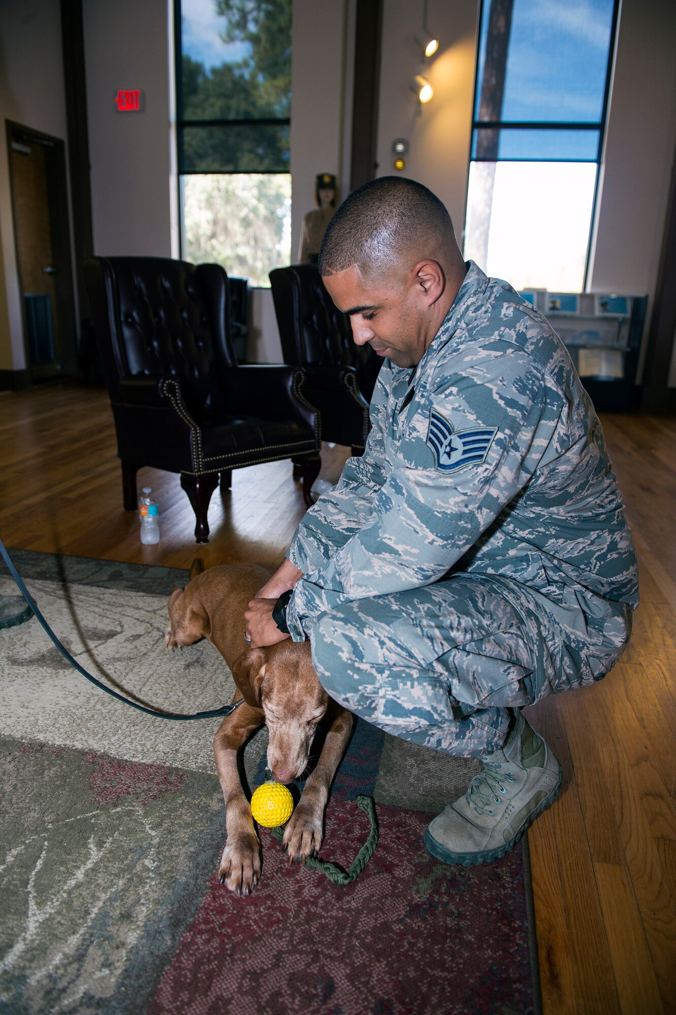 Staff Sgt. Anthony Cruz, 23d Security Forces Squadron Military Working Dog handler, attaches a retirement pin on retired MWD Dini’s collar during his retirement ceremony, Oct. 28, 2016, at Moody Air Force Base, Ga. Cruz says that Dini will surely be missed, but wishes him the best of luck as he transitions into life as a pet. (U.S. Air Force photo by Airman 1st Class Greg Nash)