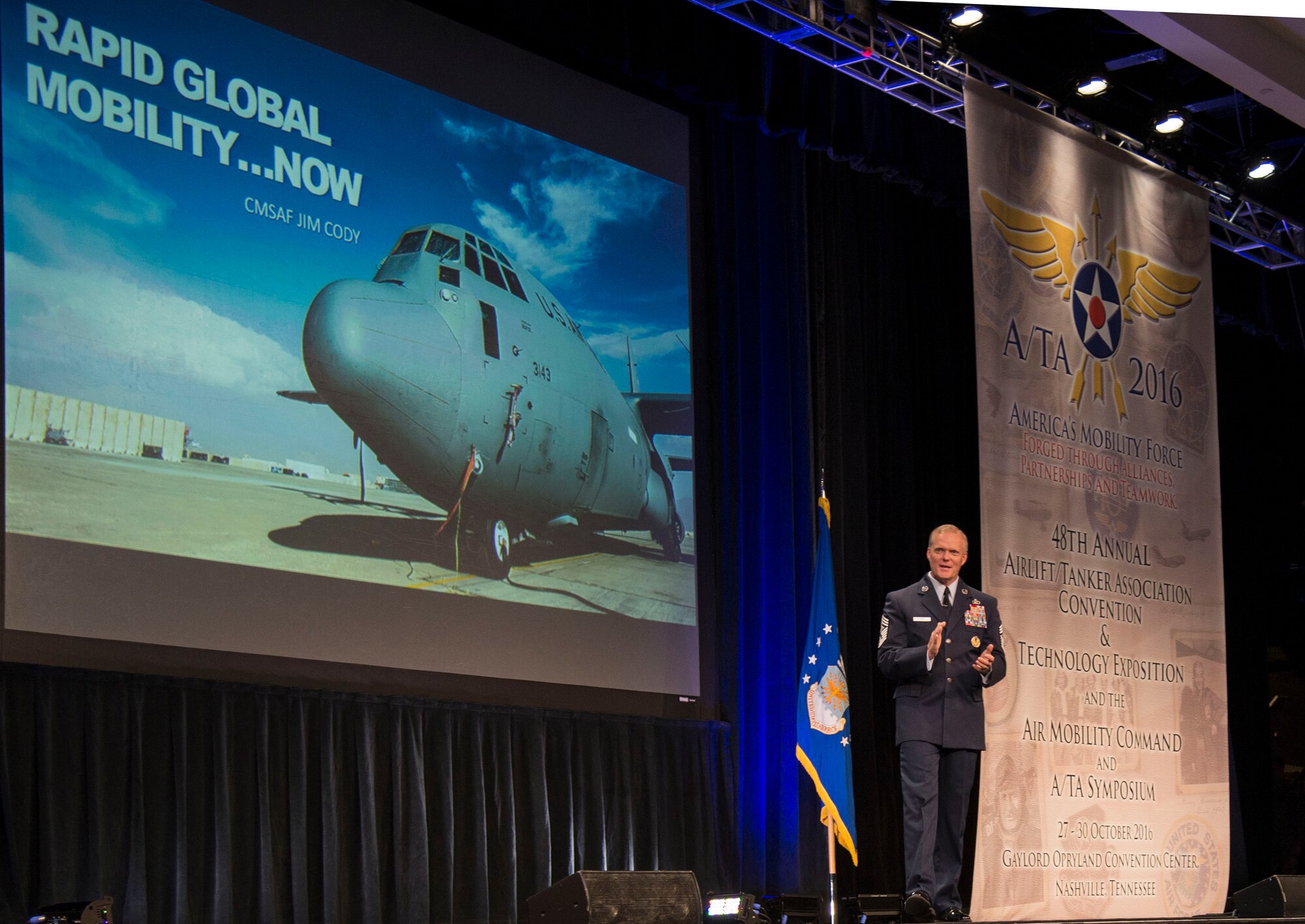 Chief Master Sgt. of the Air Force James Cody discusses how mobility Airmen contribute to the Air Force mission during the 48th Airlift/Tanker Association Symposium Oct. 28, 2016, in Nashville, Tenn. Cody is the 17th chief master sergeant of the Air Force. (U.S. Air Force photo by Senior Airman Meghan Freidl)
