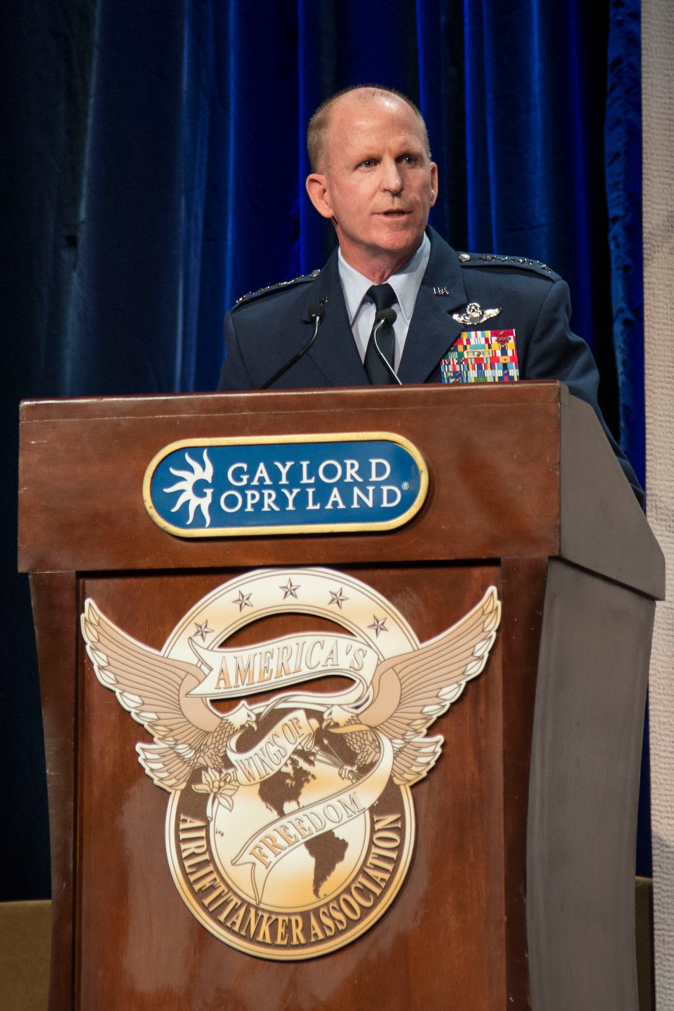 Gen. Stephen W. Wilson, vice chief of staff of Air Force, discusses the capabilities mobility Airmen provide to the Air Force during the 48th Airlift/Tanker Association Symposium in Nashville, Tenn., Oct. 28, 2016. Wilson assists the chief of staff of the Air Force with organizing, training, and equipping of 660,000 active-duty, Guard, Reserve and civilian forces serving in the United States and overseas. (U.S. Air Force photo by Airman 1st Class Melissa Estevez)
