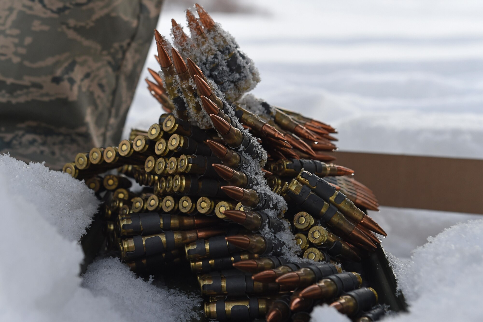 Ammunition for an M240 machine gun sits ready for action during sustainment training at the Grezelka range at Joint Base Elmendorf-Richardson, Alaska, Oct. 27, 2016. 673d Security Forces Squadron members regularly train on the use and upkeep of weapons throughout the year. 