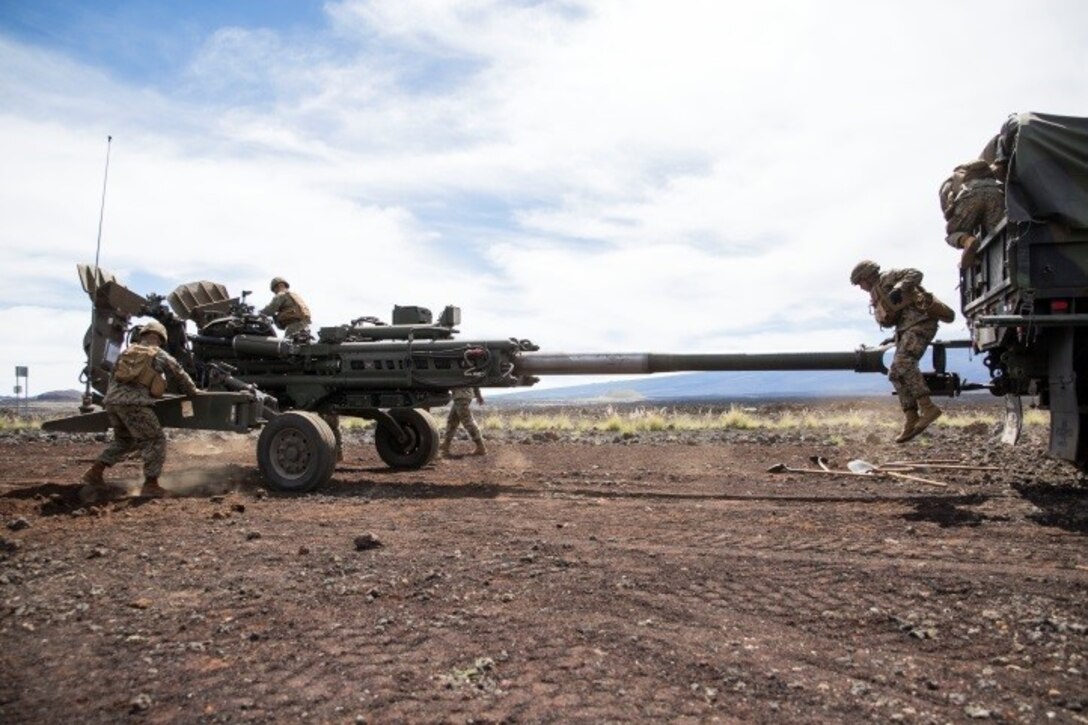 POHAKULOA TRAINING AREA, Hawaii – Marines with Bravo Battery, 1st Battalion, 12th Marine Regiment’s “Black Sheep,” prepare their M777 Lightweight Towed Howitzer for a direct fire training exercise as part of Lava Viper 17.1, a staple in the battalion’s pre-deployment training on Oct. 16, 2016, at Range 13 aboard Pohakuloa Training Area, Hawaii. Lava Viper Provides the Hawaii-based Marines with an opportunity to conduct various movements, live-fire and tactical, integrating combined arms exercises. (U.S. Marine Corps photo by Lance Cpl. Jesus Sepulveda Torres)