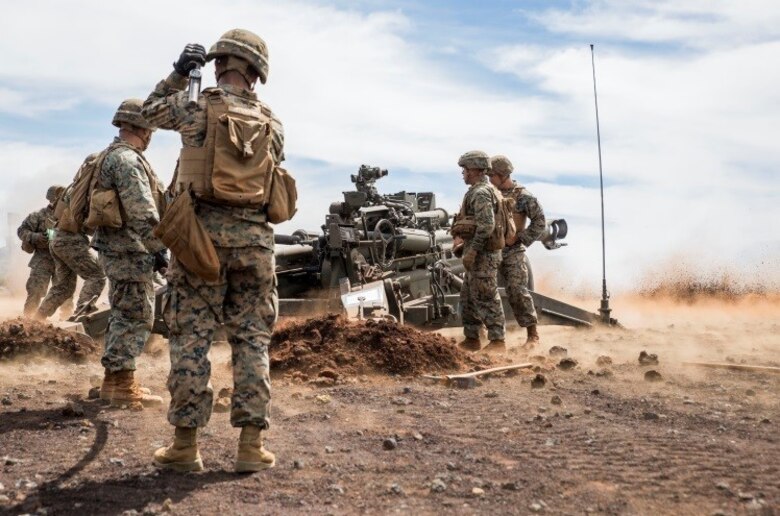 POHAKULOA TRAINING AREA, Hawaii – Marines with Bravo Battery, 1st Battalion, 12th Marine Regiment’s “Black Sheep,” fire a M777 Lightweight Towed Howitzer during a direct fire training exercise as part of Lava Viper 17.1, a staple in the battalion’’ pre-deployment training on Oct. 16, 2016, at Range 13 aboard Pohakuloa Training Area, Hawaii. Lava Viper Provides the Hawaii-based Marines with an opportunity to conduct various movements, live-fire and tactical, integrating combined arms exercises. (U.S. Marine Corps photo by Lance Cpl. Jesus Sepulveda Torres)