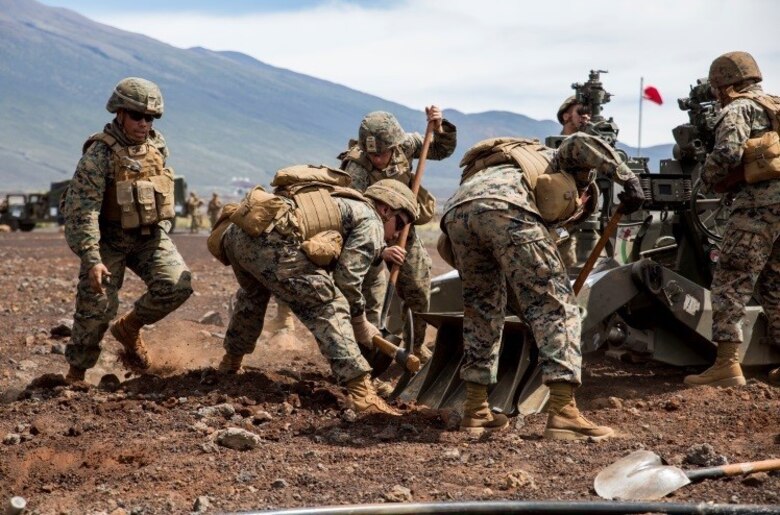 POHAKULOA TRAINING AREA, Hawaii – Marines with Bravo Battery, 1st Battalion, 12th Marine Regiment’s “Black Sheep,” prepare their M777 Lightweight Towed Howitzer by digging and burying the gun’s rear spades during a direct fire training exercise as part of Lava Viper 17.1, a staple in the battalion’’ pre-deployment training on Oct. 16, 2016, at Range 13 aboard Pohakuloa Training Area, Hawaii. Lava Viper Provides the Hawaii-based Marines with an opportunity to conduct various movements, live-fire and tactical, integrating combined arms exercises. (U.S. Marine Corps photo by Lance Cpl. Jesus Sepulveda Torres)