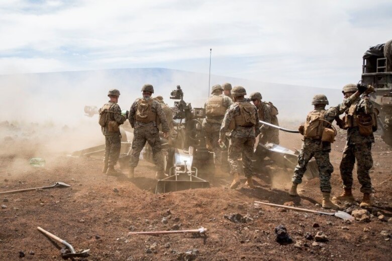 POHAKULOA TRAINING AREA, Hawaii – Marines with Bravo Battery, 1st Battalion, 12th Marine Regiment’s “Black Sheep,” fire an M777 Lightweight Towed Howitzer during a direct fire training exercise as part of Lava Viper 17.1, a staple in the battalion’s pre-deployment training on Oct. 16, 2016, at Range 13 aboard Pohakuloa Training Area, Hawaii. Lava Viper Provides the Hawaii-based Marines with an opportunity to conduct various movements, live-fire and tactical, integrating combined arms exercises. (U.S. Marine Corps photo by Lance Cpl. Jesus Sepulveda Torres)