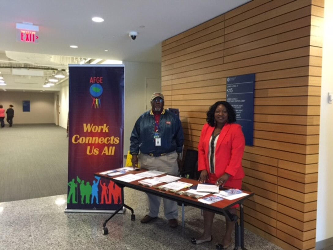 The AFGE National Organizer prepares to speak with Coast Guard employees during a Lunch and Learn.