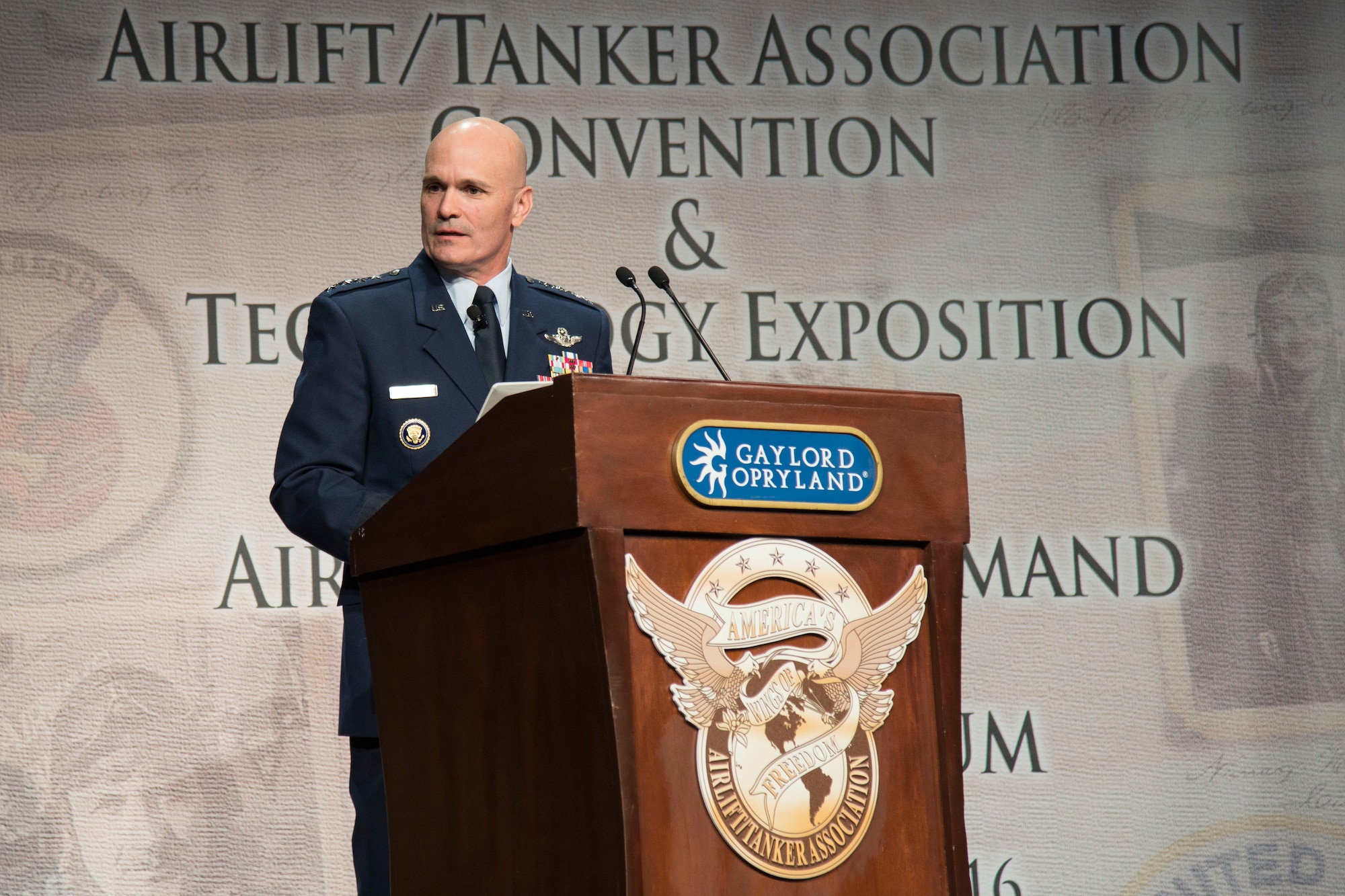 Gen. Carlton D. Everhart II, Air Mobility Command commander, discusses the impact mobility airmen can have on enhancing the future of Rapid Global Mobility, during his keynote speech at the 48th Air Mobility Command and Airlift/Tanker Association Symposium in Nashville, Tennessee, Oct. 29, 2016. The symposium served as a key professional development forum for Mobility Air Forces Airmen by enabling direct access to senior mobility leaders.  (U.S. Air Force photo by Senior Airman Megan Friedl) 