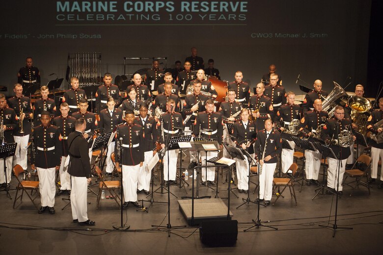 Members of the Marine Corps Band New Orleans perform at the Ponce La Perla Theater during a concert to celebrate the Marine Corps Reserve Centennial in Puerto Rico on Oct. 17, 2016. Marine Forces Reserve is commemorating 100 years of rich history, heritage, espirit-de-corps across the U.S. The Centennial celebration recognizes the Reserve's essential role as a crisis response force and expeditionary force in readiness, constantly preparing to augment the active component. (U.S. Marine photo by LCpl. Ricardo Davila/ Released)