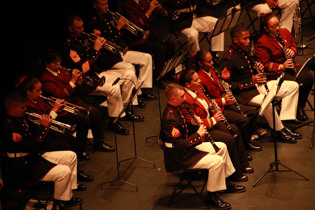 Marine Corps Band New Orleans and  the Municipal Band of Humacao perform for the local residents and distinguished guest during the Marine Forces Reserve Centennial Celebration concert at the Centro De Bellas Artes in Humacao, Puerto Rico, Oct. 19, 2016. Marine Forces Reserve is commemorating 100 years of rich history, heritage, Espirit-de-corps across the U.S. This celebration recognizes the Reserve's essential role as a crisis response force and expeditionary force in readiness, constantly preparing to augment the active component. (U.S. Marine photo by Master Sgt. John A. Lee, II / Released)