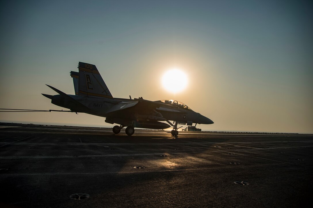 An F/A-18F Super Hornet assigned to the Fighting Swordsmen of Strike Fighter Squadron 32 makes an arrested landing on the flight deck of the aircraft carrier USS Dwight D. Eisenhower in the Persian Gulf, Aug. 27, 2016. Ike and its Carrier Strike Group are deployed in support of Operation Inherent Resolve, maritime security operations and theater security cooperation efforts in the U.S. 5th Fleet area of operations. Navy photo by Petty Officer 3rd Class Nathan T. Beard
