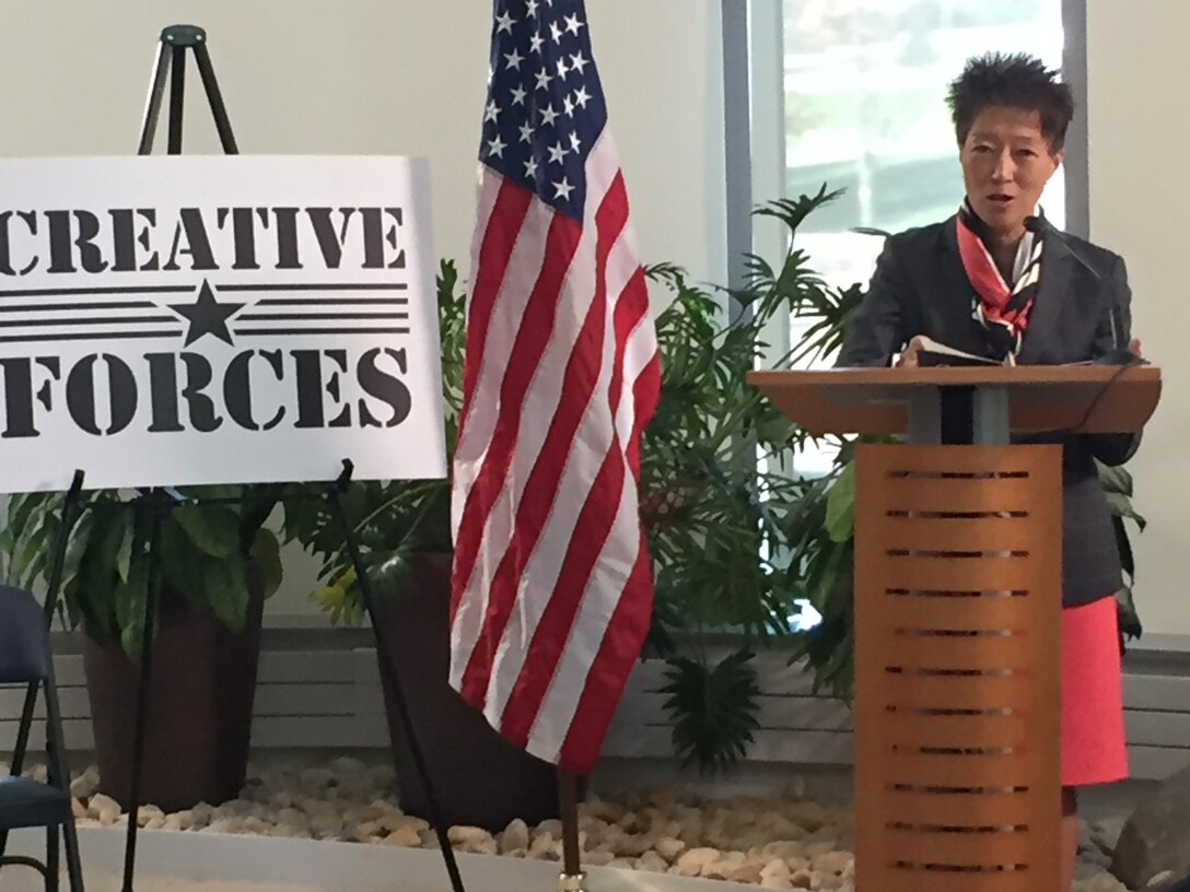National Endowment for the Arts Chairperson Jane Chu announces its expansion of sites within the Creative Forces Military Healing Arts Network at the National Intrepid Center of Excellence in Bethesda, Md., Oct. 21, 2016. Creative Forces will extend creative arts therapies to 10 additional locations by 2017. DoD photo by Amaani Lyle