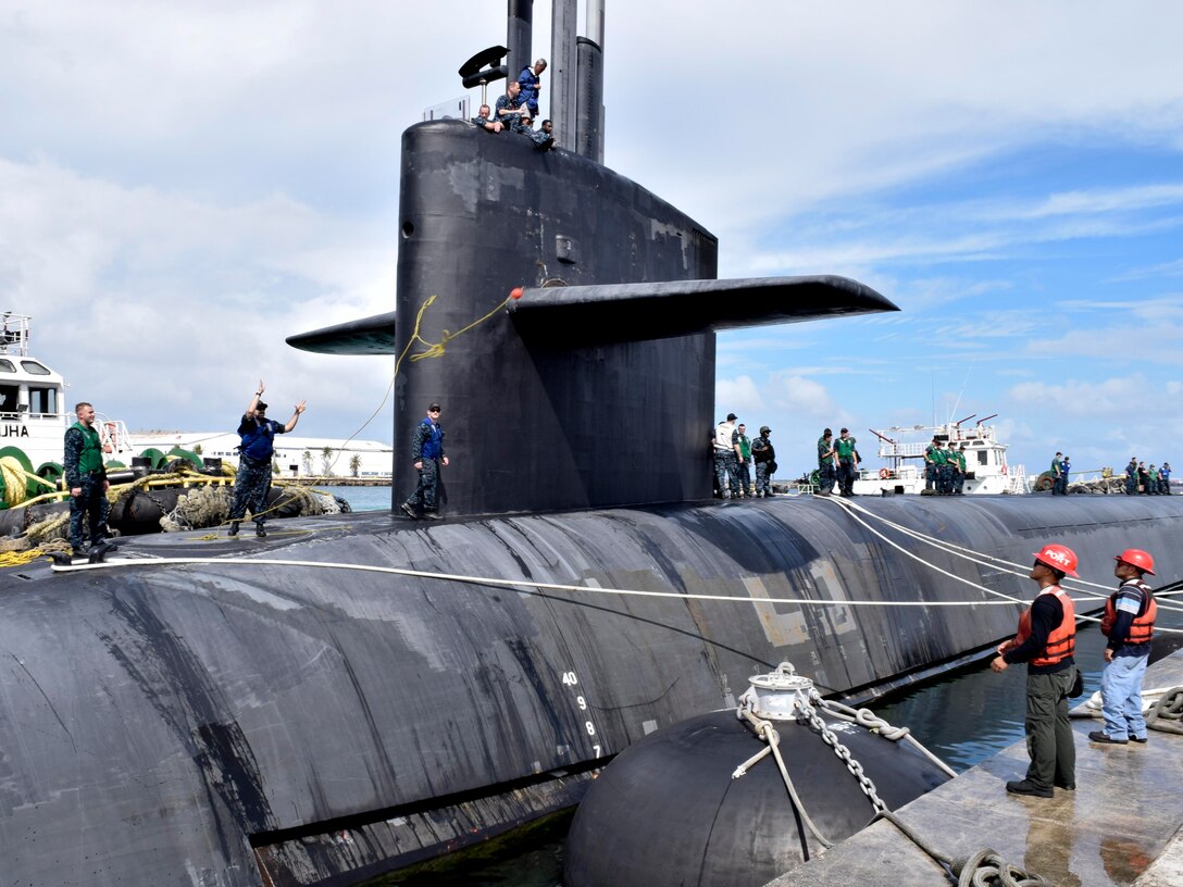 APRA HARBOR, Guam (Oct. 31, 2016) The ballistic missile submarine USS Pennsylvania (SSBN 735) prepares to moor in Apra Harbor, Guam, for a scheduled port visit. The Pennsylvania’s visit to Guam reflects the United States’ commitment to its allies in the Indo-Asia-Pacific, and complements the many exercises, training, operations and other military cooperation activities conducted between the U.S. and its partner nations. (U.S. Navy photo by Seaman Daniel S. Willoughby/RELEASED)