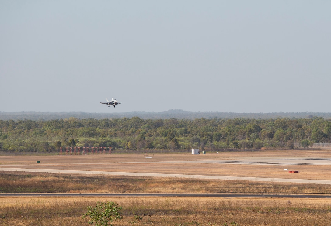 An F/A-18C Hornet with Marine Fighter Attack Squadron 122 approaches for landing during Southern Frontier at Royal Australian Air Force Base Tindal, Australia, August 31, 2016. VMFA-122 executed close air support, air ground, high explosive ordnance delivery and low altitude tactics during the three week unit level training. 