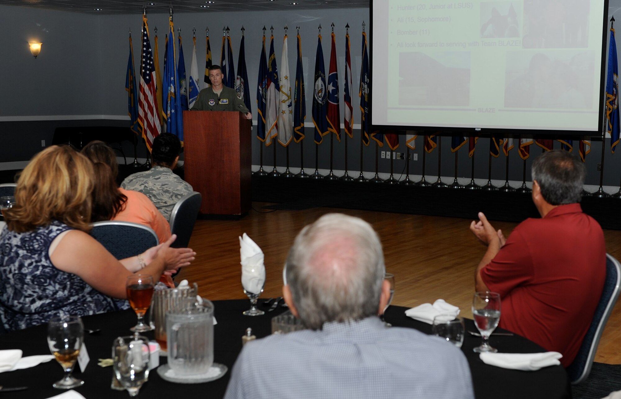 Col. Douglas Gosney, 14th Flying Training Wing Commander, speaks at the Base Community Council luncheon Aug. 25, in the Club at Columbus Air Force Base, Mississippi. Over 80 members attended the luncheon where Gosney introduced himself and shared his philosophies and ideas for the future of Columbus AFB. (U.S. Air Force photo/Elizabeth Owens)
