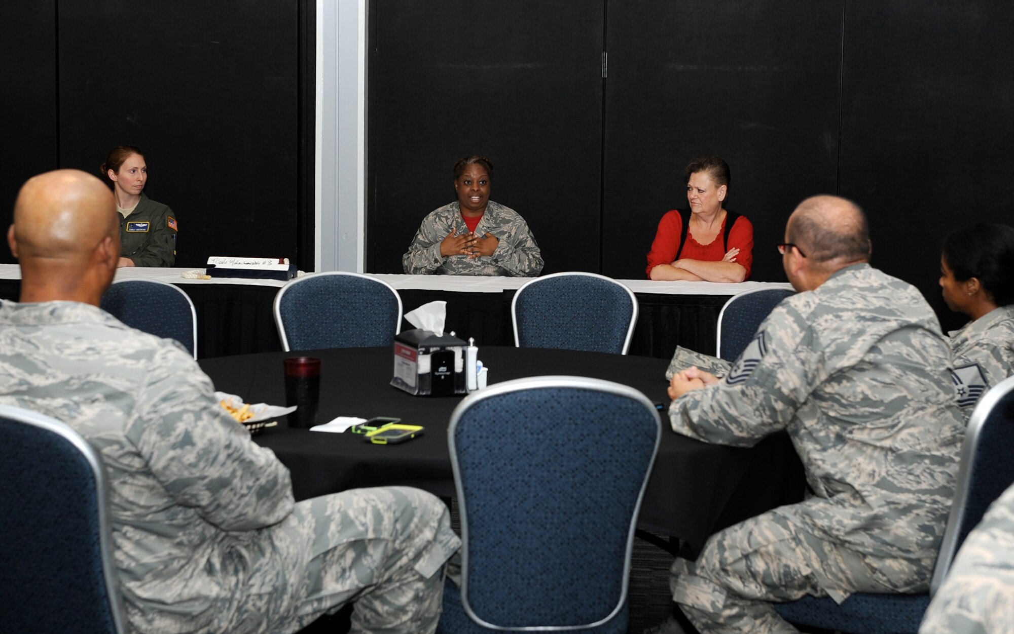 Master Sgt. Nesha Willis, 14th Flying Training Wing Maintenance Authority, speaks to attendees during the Women’s Equality Day panel Aug. 26 at Columbus Air Force Base, Mississippi. (U.S. Air Force photo/Elizabeth Owens)