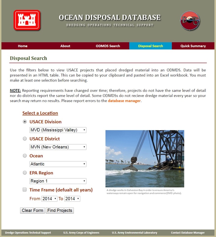 The Ocean Disposal Database website Disposal Search page features a way for the user to build a simple query to search disposal data at an Ocean Dredged Material Disposal Site.