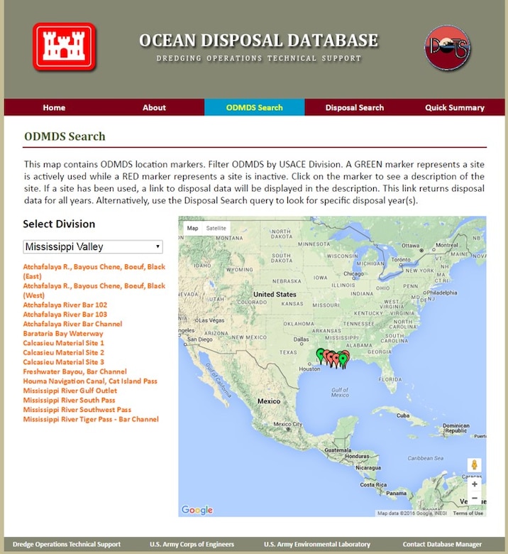 This shows the Ocean Disposal Database website Ocean Dredged Material Disposal Sites (ODMDS) search page that is used to search for ODMDS. Once a site is selected, basic information such as frequency of use, total volume of dredge material disposed, as well as a link to more detailed information about the site is displayed.