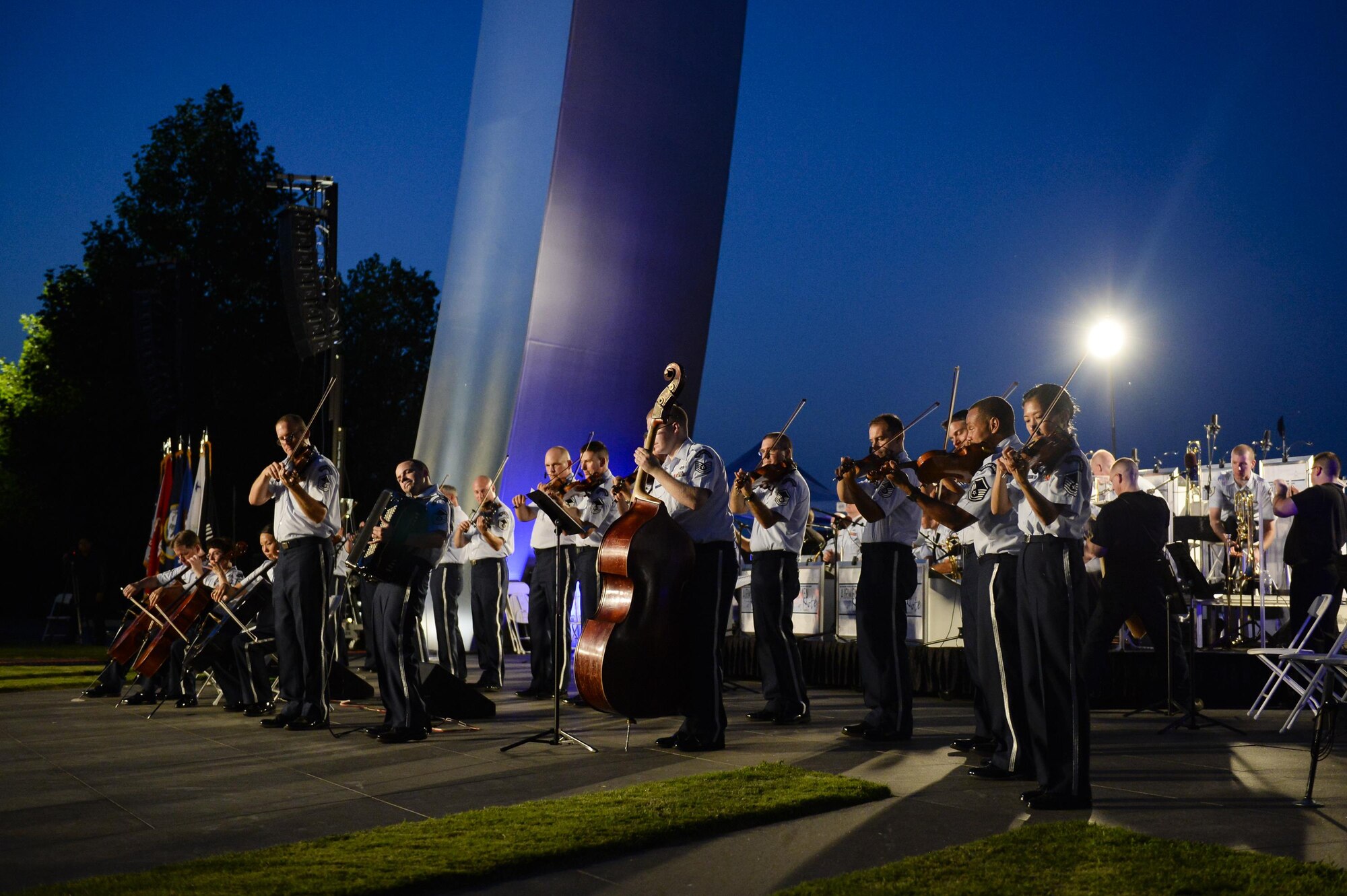 The U.S. Air Force Band performs in a public concert at the Air Force Memorial to honor Vietnam War veterans Aug. 26, 2016, in Arlington, Va. Prior to attending the concert, Air Force Undersecretary Lisa S. Disbrow and Chief of Staff Gen. Dave Goldfein welcomed Gen. Stephen W. Wilson as the service's new vice chief of staff at a reception in the Fort Myer Officer's Club. (U.S. Air Force photo/Tech. Sgt. Joshua L. DeMotts)