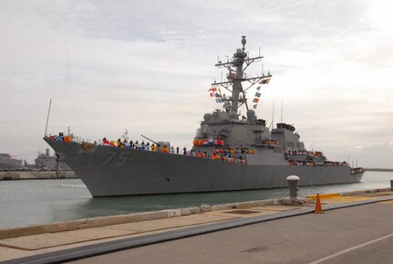 USS Donald Cook (DDG 75) approaches pierside at Naval Station Rota, Spain.