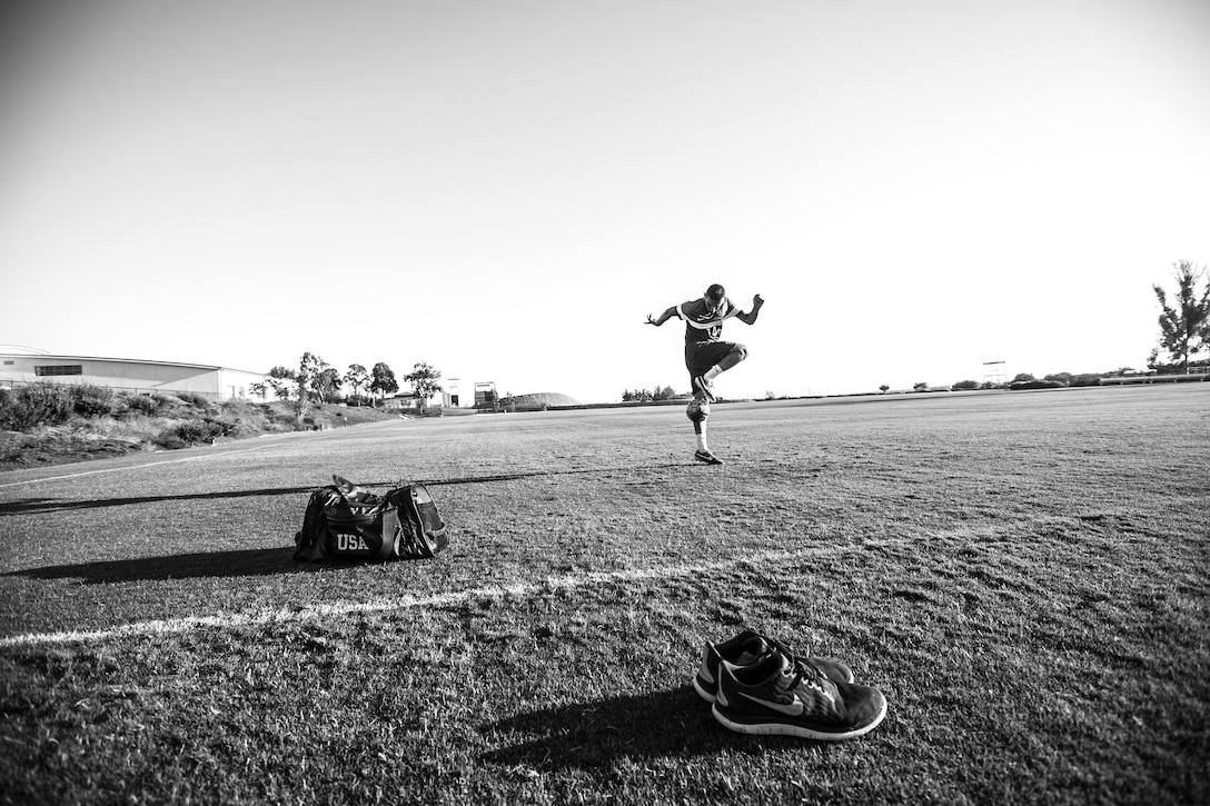 U.S. Army Reserve 2nd Lt. David Garza works on his footwork at the U.S. Olympic Training Center in Chula Vista, Calif. on Aug. 23, 2016 in preparation for the 2016 Summer Paralympic Games. The U.S. Paralympic National Men's Soccer team will square off against Holland during their first match in Rio, Brazil, Sept. 8, 2016. Garza is a member of the 314 Military Intelligence Battalion in San Diego, Calif.