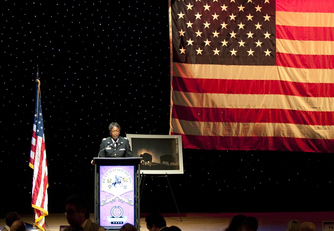 Chaplain (Capt.) Brenda Threatt of California State Military Reserve provides the invocation at the Black Chamber of Orange County’s Annual Banquet at the Disneyland Hotel August 27, 2016, in Anaheim, Calif. The banquet, held annually, highlights a black history theme each year. This year’s theme was the legacy of Buffalo Soldiers, or Soldiers who served in segregated African-American units from 1866-1954. (U.S. Army photo by Sgt. 1st Class Alexandra Hays, 79th Sustainment Support Command).