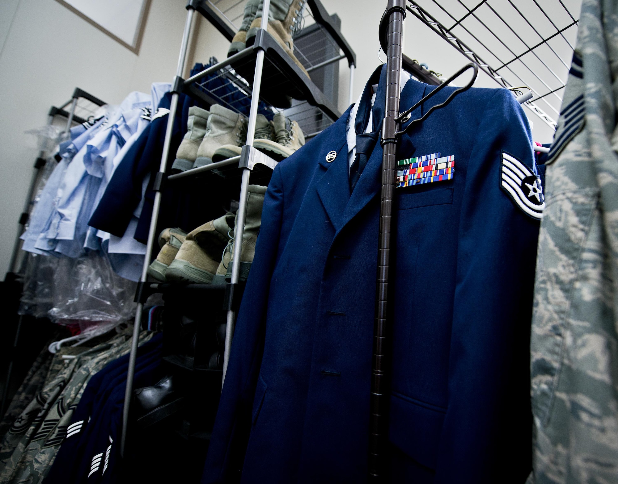 Blues, BDUs and boots make up most of the stock available at the 919th Special Operations Wing’s Airmen’s Attic located in the MADD building at Duke Field, Fla.  Anyone interested in donating or in need of a uniform can visit the “Attic” during duty hours when the building is open for business.  (U.S. Air Force photo/Tech. Sgt. Sam King)