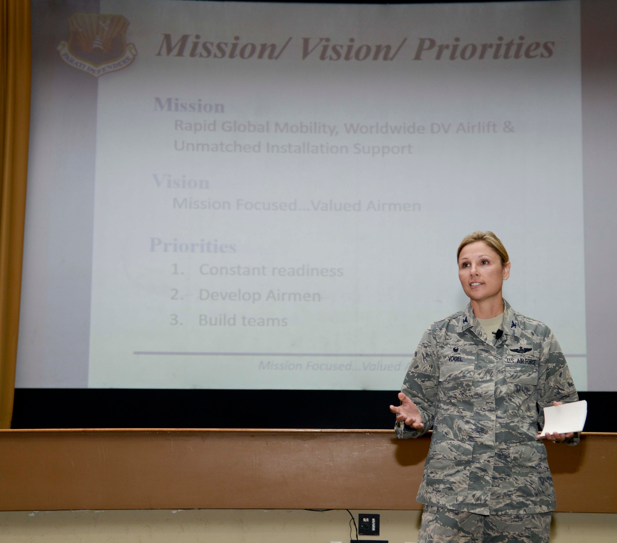 Colonel April Vogel, Commander of the 6th Air Mobility Wing, addresses Team MacDill during her first commander’s call at MacDill Air Force Base, Fla., July. 25, 2016. During the commander’s call, Vogel introduced her mission, vision, and priorities for the wing. (U.S. Air Force photo by Senior Airman Vernon L. Fowler Jr.)