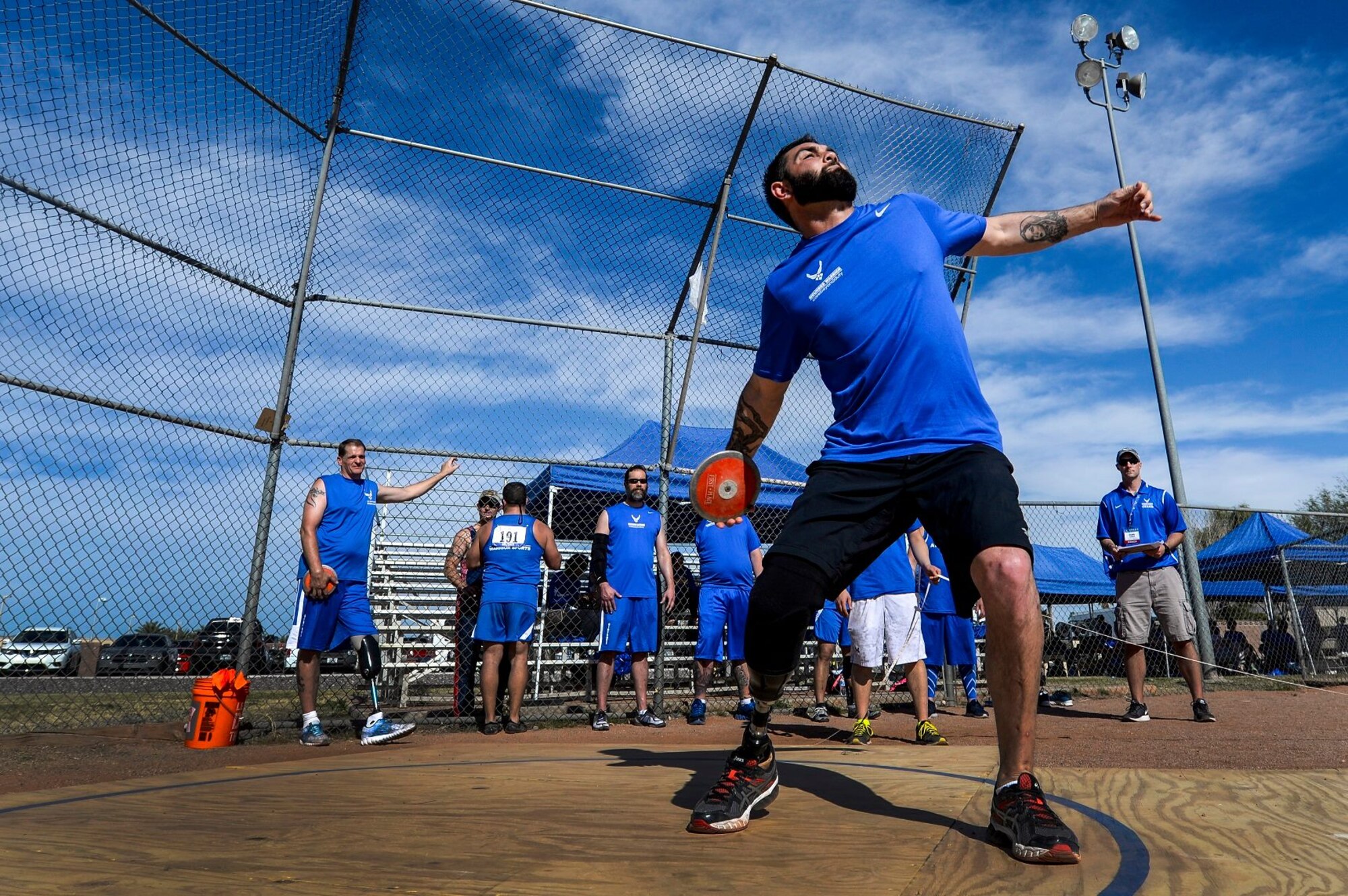 Retired Staff Sgt. Nicholas Dadgostar participates in the discus competition during a previous Warrior CARE event at Nellis Air Force Base, Nev. Team Offutt will host a Warrior CARE event, sponsored by the U.S. Air Force Wounded 
Warrior Program, for more than 120 seriously wounded, ill or injured Total Force service members, their caregivers and families Sept. 19-22, 2016.
