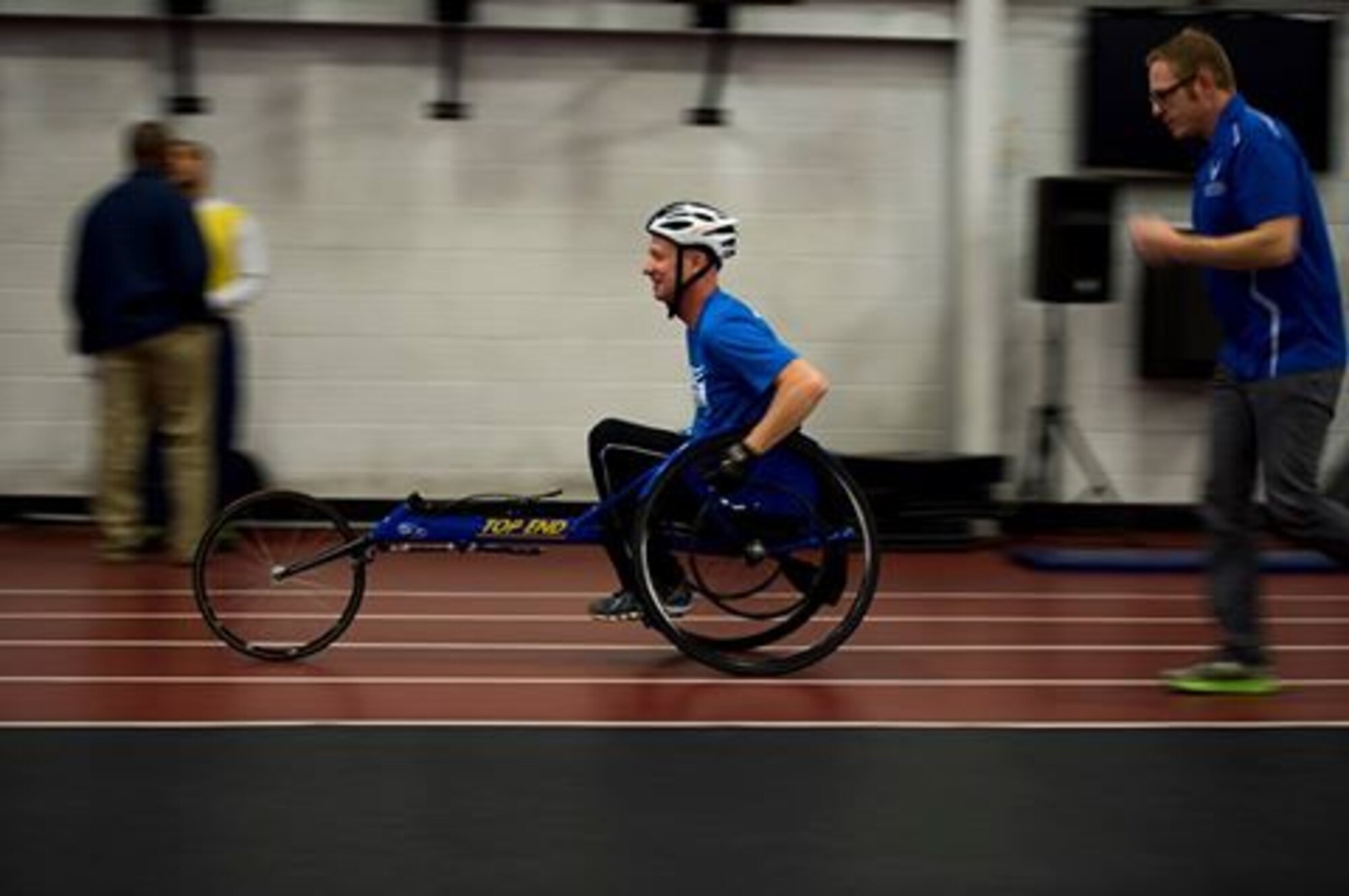 Retired Capt. Warren Van Overbeke sprints in a racing wheelchair during a previous Warrior CARE event at Joint Base Andrews. Warren, along with 100 other Wounded Warriors, were introduced to adaptive & rehabilitative sports 
along with holistic therapy sessions including music and art. Team Offutt will host a Warrior CARE event, sponsored by the U.S. Air Force Wounded Warrior Program, for more than 120 seriously wounded, ill or injured Total Force 
service members, their caregivers and families Sept. 19-22, 2016.
