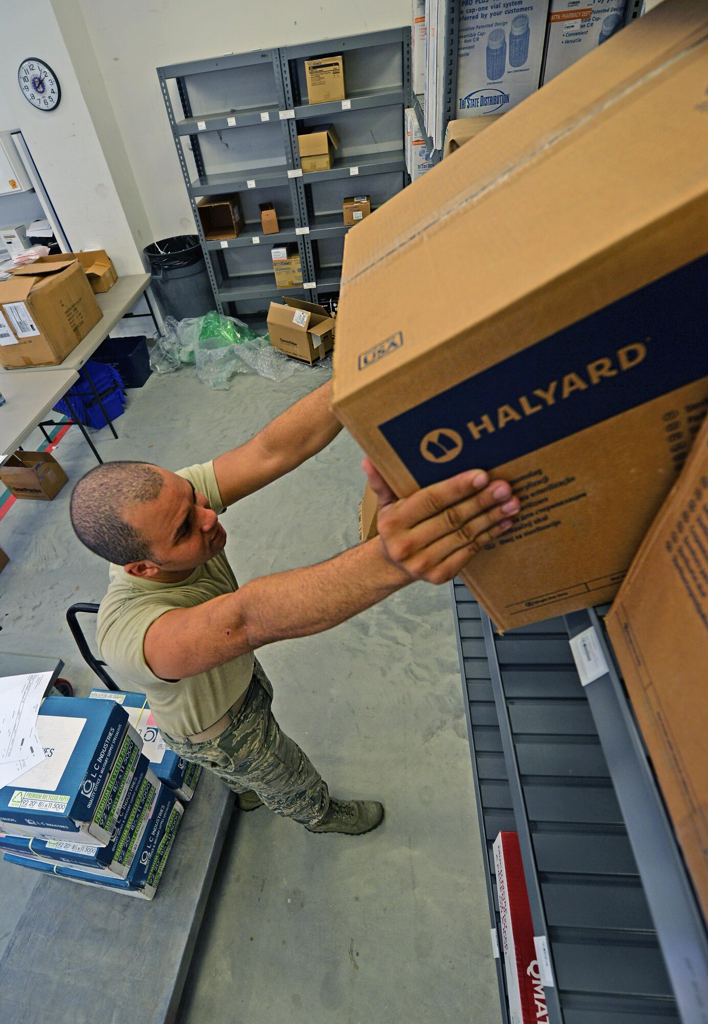 Senior Airman Christopher Lomax, a medical logistics journeyman assigned to the 1st Special Operations Medical Support Squadron, stores medical supplies at Hurlburt Field, Fla., Aug. 30, 2016. Medical materiel specialists are responsible for ordering, receiving and storing supplies to keep medical facilities equipped to sustain the force. (U.S. Air Force photo by Senior Airman Andrea Posey)