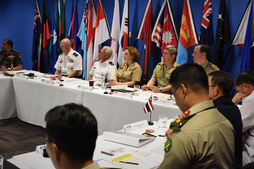 Senior U.S. and Australian army and navy officers lead a discussion with military signal officers from around the Indo-Asia Pacific region about communications interoperability and future trends in communications technology during a meeting at Exercise Pacific Endeavor 2016 in Brisbane, Australia, Aug. 30, 2016. DoD photo by Air Force Master Sgt. Todd Kabalan