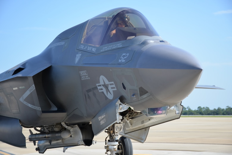 An F-35B Lightning II with Marine Operational Test & Evaluation Squadron 1 on the flight line with an AIM-120 Advanced Medium-Range Air-to-Air Missile prepares for a round of Operational Test missile shots. The three F-35B aircraft and 75 U.S. Marines along with 21 test personnel from the JSF Operational Test Team at Edwards that deployed to Eglin AFB, FL., from August 9 to September 1, 2016  completed multiple engineering runs in preparation for the expenditure of five AIM-120 missiles and one Guided Bomb Unit-12 LASER guided bomb. 