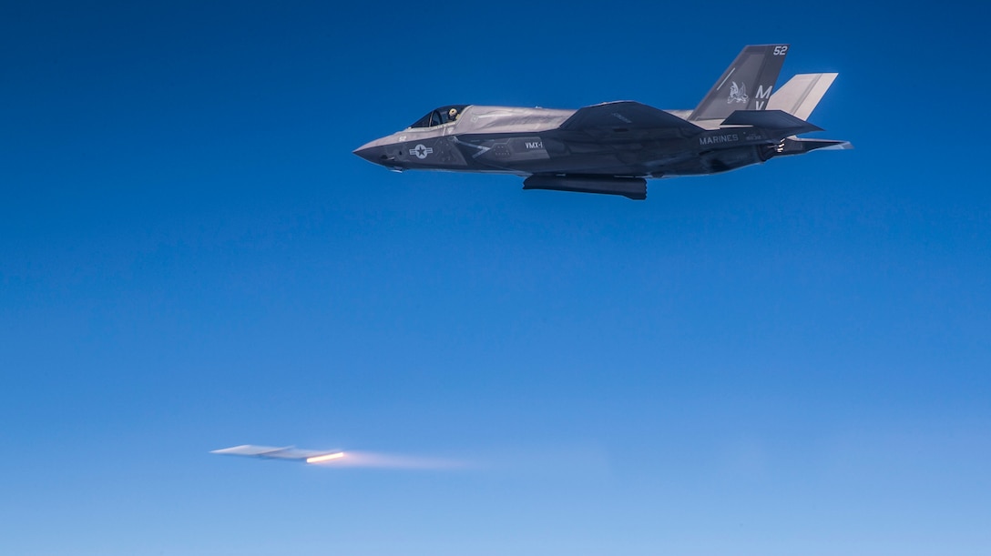 An F-35B Lightning II with Marine Operational Test & Evaluation Squadron 1 fires an AIM-120 Advanced Medium-Range Air-to-Air Missile during U.S. Marine F-35B operational tests. These employment scenarios differed from those conducted in Developmental Tests in that they were specifically designed around operational employment scenarios with the aim of further validating and developing tactics, techniques, and procedures for all three variants of the F-35. The tests began August 9 and ended September 1, 2016. 