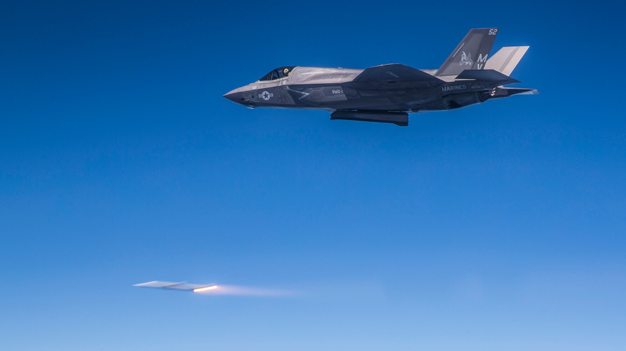 An F-35B Lightning II with Marine Operational Test & Evaluation Squadron 1 fires an AIM-120 Advanced Medium-Range Air-to-Air Missile during U.S. Marine F-35B operational tests. These employment scenarios differed from those conducted in Developmental Tests in that they were specifically designed around operational employment scenarios with the aim of further validating and developing tactics, techniques, and procedures for all three variants of the F-35. The tests began August 9 and ended September 1, 2016. 