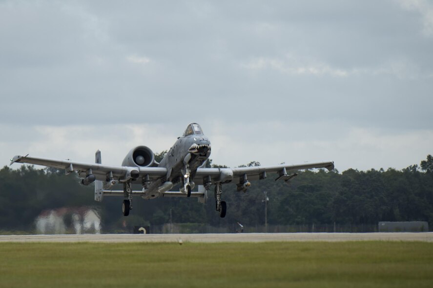 A-10C Thunderbolt IIs relocate in preparation for Tropical Storm Hermine , Sept. 1, 2016, at Moody Air Force Base, Ga. Tropical Storm Hermine is slated to bring high winds and heavy rainfall over Moody Thursday afternoon into Saturday. (U.S. Air Force photo by Airman 1st Class Daniel Snider) 