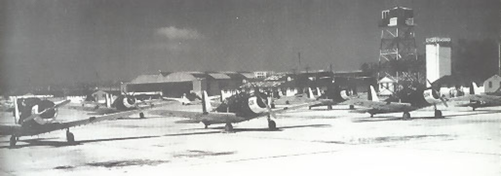 Vultee BT-13 “Valiant” aircraft are lined up at Shaw Army Air Field, S.C., 1942. The BT-13 was utilized by the Army Air Corps to train new pilots on the basics of aircraft maneuverability in a basic flying course. (Courtesy photo) 