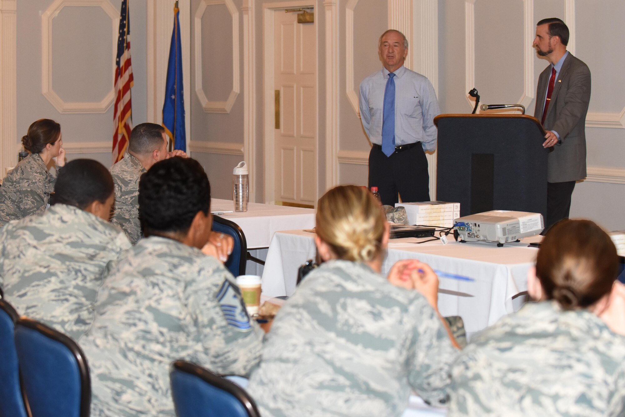 David Brantley, Wayne County district court judge, discusses his experiences and how they relate to military members with Team Seymour commanders and first sergeants during a symposium, Aug. 26, 2016, at Seymour Johnson Air Force Base, North Carolina. More than 25 commanders and first sergeants attended the event to familiarize themselves with legal issues they may encounter throughout their career. (U.S. Air Force photo/Airman 1st Class Ashley Williamson)