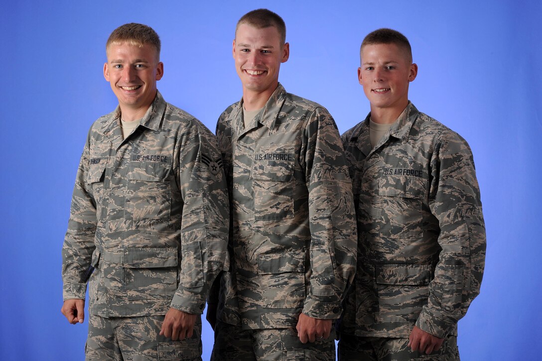 Three brothers, Ethan (left), Jubal (middle) and Nathaniel Johnson (right) received orders to train at Sheppard Air Force Base, Texas, at the same time; two assigned to the 361st Training Squadron and the other to the 366th Training Squadron. Ethan trained for Explosive Ordnance Disposal, Jubal for fuels and Nathaniel for egress systems. They all had the opportunity to stick together while at Sheppard and encourage each other to do their best.(U.S. Air Force photo by Senior Airman Kyle E. Gese)