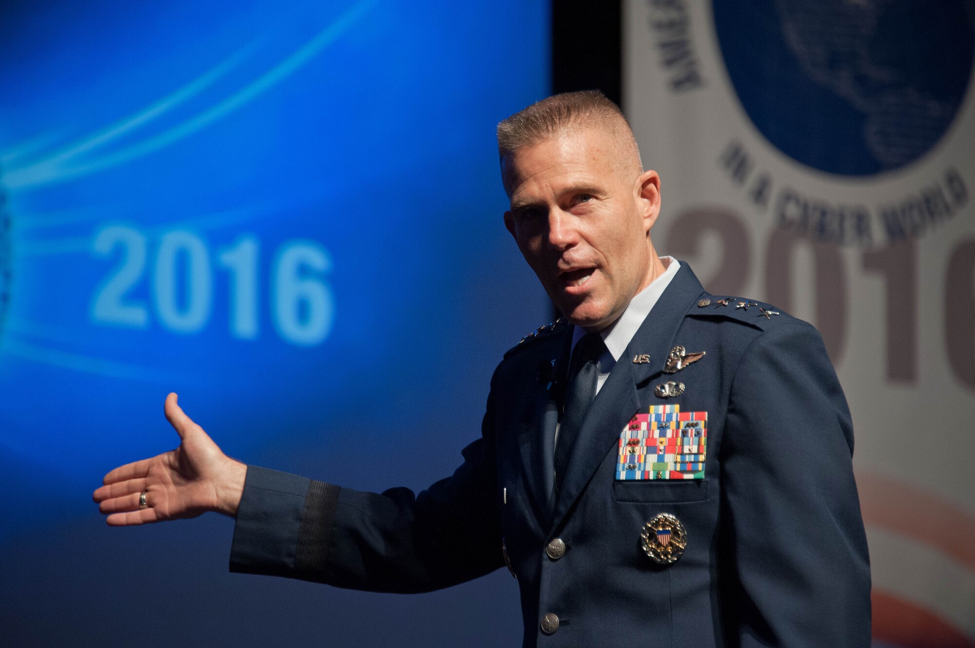 Lt. Gen. Steven Kwast, commander and president of Air University, speaks during the closing of the Air Force Information Technology and Cyberpower Conference in Montgomery, Alabama, Aug. 31, 2016. The three-day, AU-sponsored conference focused on ways to better defend America from cyber-attacks, advanced persistent threats, and proactively lead in an increasingly digital world.(US Air Force photo/Melanie Rodgers Cox) 