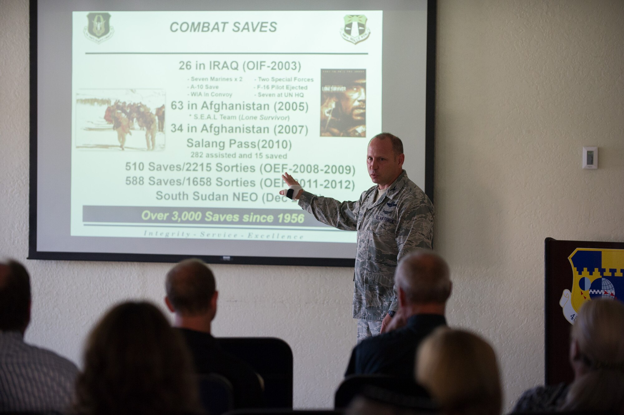 Col. Kurt Matthews, 920th Operations Group Commander, briefs members of the local clergy on the mission of the 920th Rescue Wing. The clergy were invited to learn about the 920th RQW and 45th Space Wing at Patrick Air Force Base to understand the spiritual needs of Air Force members who attend their congregations. (U.S. Air Force photo/Benjamin Thacker)