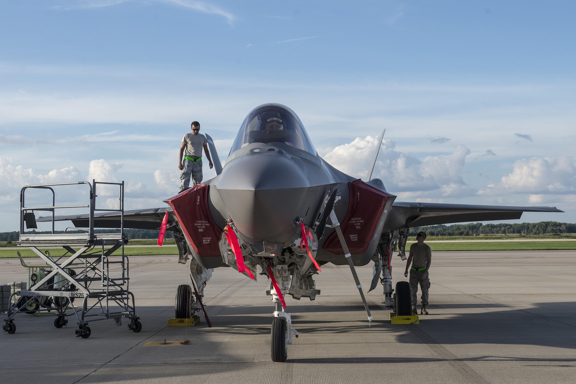 33rd Aircraft Maintenance Squadron Airmen perform a maintenance inspection on an F-35A during Exercise Northern Lightning Aug. 30, 2016, at Volk Field, Wis. Northern Lightning is a joint total force exercise between the Air National Guard, Air Force and Navy conducting offensive counter air, suppression and destruction of enemy air defense and close air support. (U.S. Air Force photo by Senior Airman Stormy Archer)