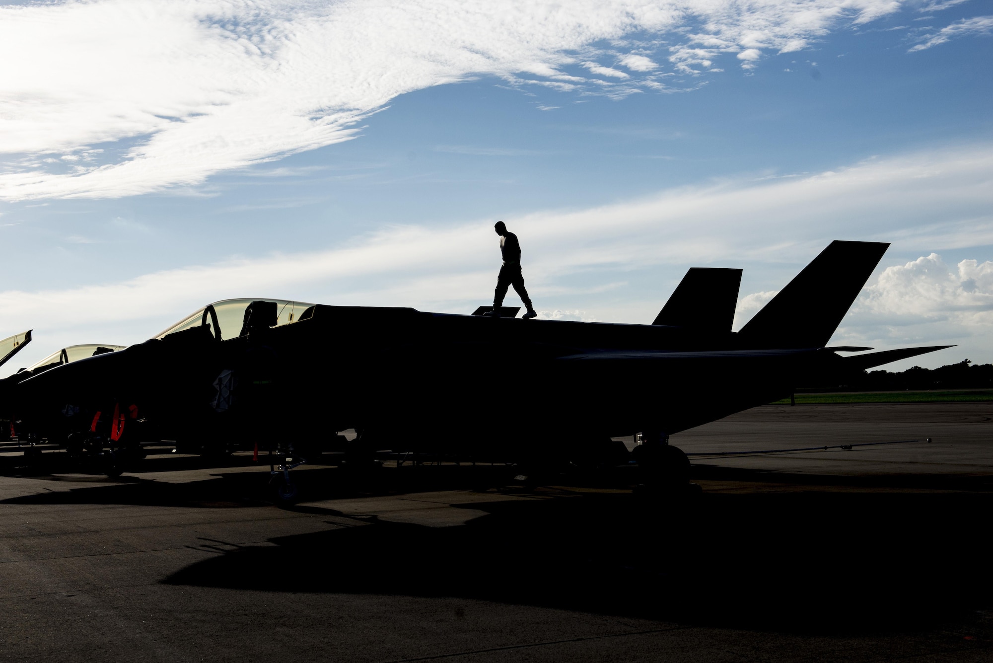 A 33rd Aircraft Maintenance Squadron Airman performs a maintenance inspection on an F-35A during Exercise Northern Lightning Aug. 30, 2016, at Volk Field, Wis. Northern Lightning is a joint total force exercise between the Air National Guard, Air Force and Navy conducting offensive counter air, suppression and destruction of enemy air defense and close air support. (U.S. Air Force photo by Senior Airman Stormy Archer)