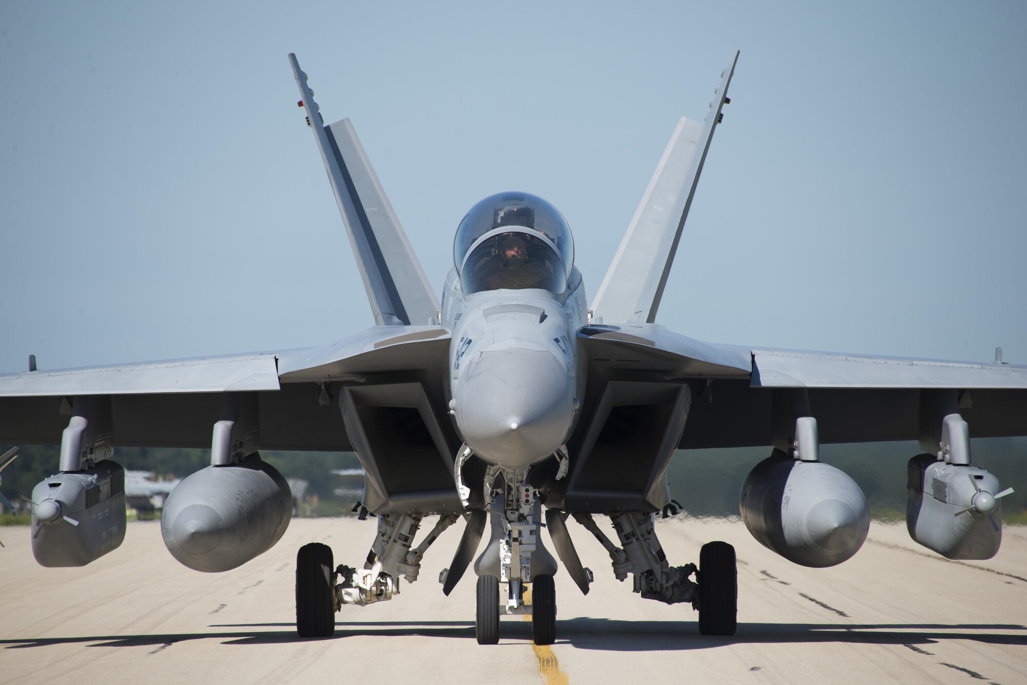 A 132nd Electronic Attack Squadron EA-18 Growler taxis down the flighline at Volk Field, Wis. during Northern Lightning Aug. 22, 2016. Northern Lightning is a tactical-level, joint training exercise that emphasizes fifth and fourth generation assets engaged in a contested, degraded environment. (U.S. Air Force photo by Senior Airman Stormy Archer)