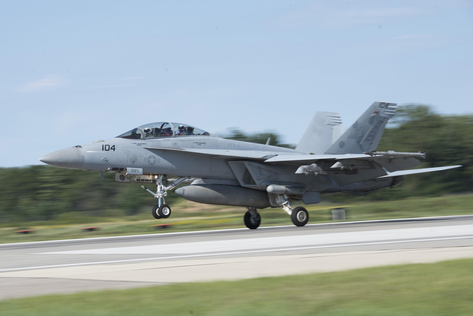 An 11th Strike Fighter Squadron FA-18F Super Hornet lands at Volk Field, Wis. Aug. 22, 2016, during Northern Lightning. Northern Lightning is a tactical-level, joint training exercise that emphasizes fifth and fourth generation assets engaged in a contested, degraded environment. (U.S. Air Force photo by Senior Airman Stormy Archer)